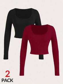 SHEIN SXY 2pcs/Set Sexy Wide Neck Long Sleeve Tight Fit T-Shirt - Multicolor - View 5