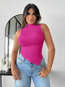SHEIN SXY 夏季性感高领不对称下摆背心 - 玫紅色 - 查看 5