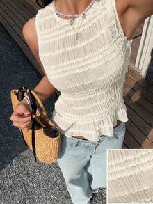 Serisse Women's Off White Elegant Summer Holiday Tea Party Chiffon Blouse,Round Neck Multi-Layer Frill Trim Sleeveless Asymmetrical Ruffled Hem French Top - Apricot - View 3