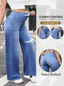 Flexra Quần jeans nữ ống rộng, cạp chun, có túi, dáng rộng thoải mái, đa năng. - Màu xanh lam - Xem 1