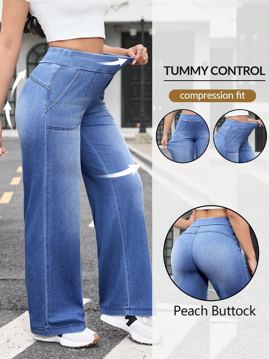 Flexra Quần jeans nữ ống rộng, cạp chun, có túi, dáng rộng thoải mái, đa năng. - Màu xanh lam - Xem 1