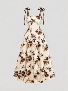 GlowEve 女士杏色底棕色碎花吊带A字连衣裙，优雅迷人，适合度假、通勤、音乐节、约会、法式波西米亚风、海滩、街头等场合，百搭实用，春夏新款杏色无袖连衣裙 - 彩色 - 查看 4