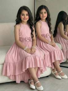 SHEIN Tween Girl Elegant Floral Decor Chiffon Snug Fit Dress, Spring/Summer Elegant  Wedding Outfits Dusty Pink Dress Tween Dress Easter Dress High Low Dress Flowy Dress - Pink - View 4