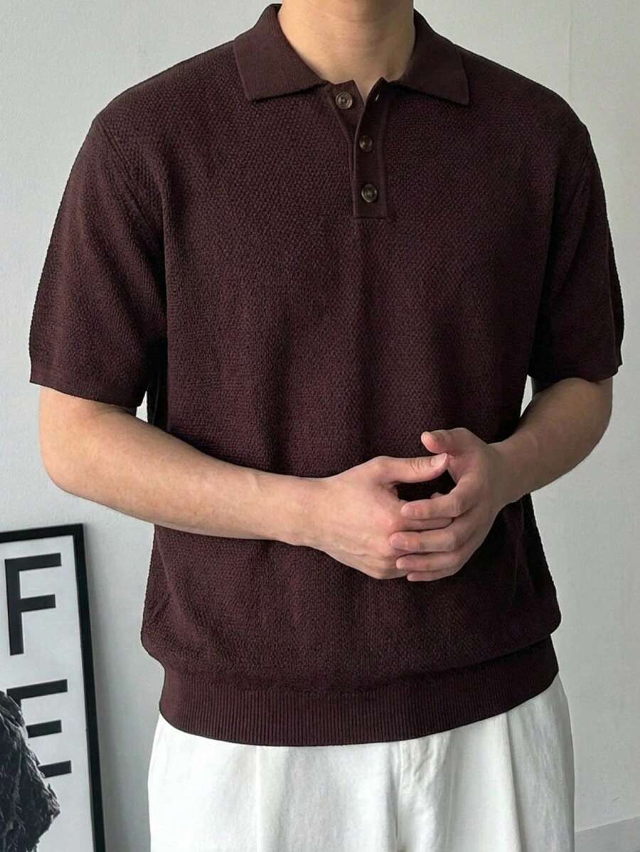 DAZY Men's Brown Knit Polo Shirt, Short Sleeve, Summer - Brown - View 1