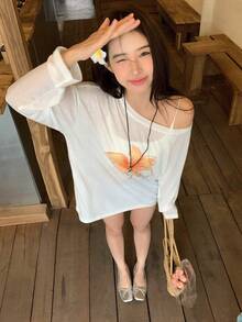 DAZY Women's Floral & Letter Print Oblique Shoulder Casual Versatile Daily Wear Long Sleeve T-Shirt - White - View 8