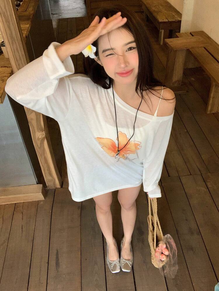 Women's Floral & Letter Print Oblique Shoulder Casual Versatile Daily Wear Long Sleeve T-Shirt Graphic Tees Women