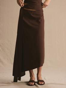 MUSERA 低腰镂空系带不对称飘逸套装半身裙，春夏舒适可爱日常少女度假春季穿搭休闲复活节 Casa De Muse - 巧克力棕 - 查看 2