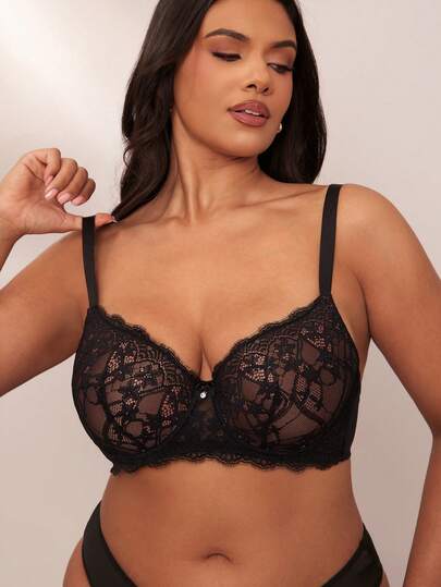 SHEIN BAE 加大码蕾丝优雅支撑提升钢圈文胸，舒适透视设计，单件装内衣