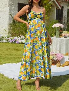 SHEIN Fashionable Lemon Print Backless Bow Tie Strap Dress - Multicolor - View 6