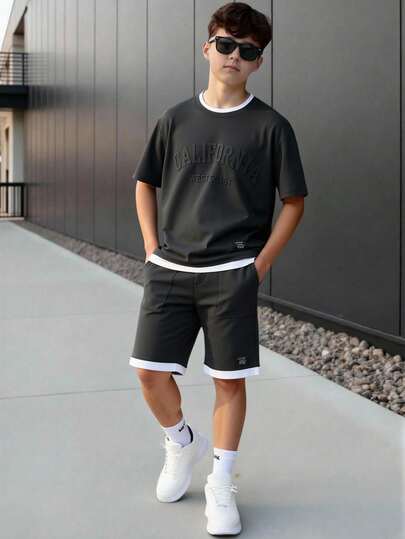 Vacaura 2pcs/Set Teenager Boys' Casual California Letter Print Short Sleeve T-Shirt And Contrast Color Trim Shorts, American Style Streetwear Outfit, Spring/Summer