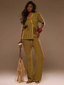 MUSERA Striped Crochet Boxy Fit Short Sleeve Shirt Spring Summer Vacation Beach Elegant Ibiza Festival Holiday Tajine - Multicolor - View 5