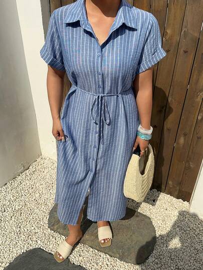 Dazy Plus Plus Size Women's Casual Striped Lapel Short Sleeve Belted Shirt Dress, Loose Fit Long Dress For Spring & Summer