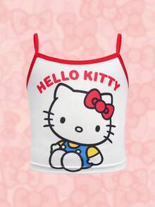HELLO KITTY AND FRIENDS | SHEIN 女童撞色滚边细肩带休闲无袖可爱印花吊带衫 - 白色 - 查看 16