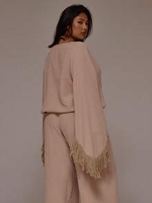 MUSERA Plus Size Cheesecloth Plunge Wrap Front Fringed Long Sleeve Top,Dusty Pink,Autumn,Boho,Vacation,Holiday Beach Elegant Ibiza Festival Tajine Y2K Social - Apricot - View 2