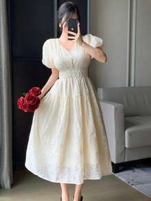 DAZY Women's V-Neck Short Sleeve Textured Fabric Dress, Elegant - White - View 5