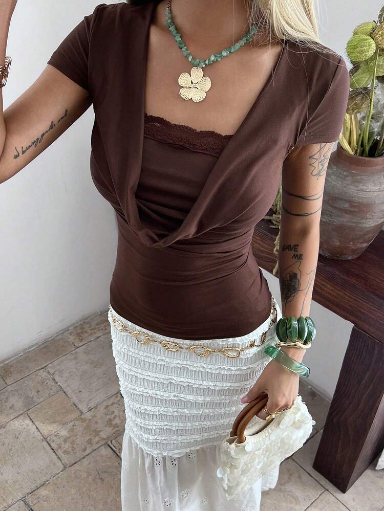 Women's Summer Short Sleeve Scoop Neck Lace Patchwork Slim Fit Casual Pullover T-Shirt
