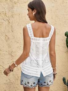 Boho Mama Maternity Elegant Breathable Solid Color Square Neck Hollow Out Sleeveless Top - White - View 9