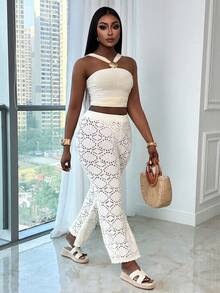 Xyvia Women's Sexy Hollow Floral Knit Pants - Beige - View 5