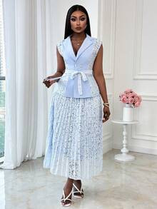 Xyvia 无袖撞色蕾丝修身西装外套搭配百褶裙，优雅浪漫，尽显女性精致气质。 - 藍色 - 查看 5