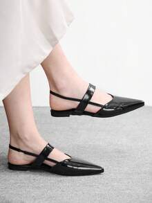 CUCCOO BIZCHIC 女士尖头黑色漆皮百搭通勤鞋，简约单带无后跟平底鞋 - 黑色 - 查看 1