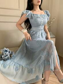 Vestido de tirantes, con volantes, estampado floral diminuto, con cuello de pico, estilo para ir al trabajo, vestido largo - Gris azul - Ver 4