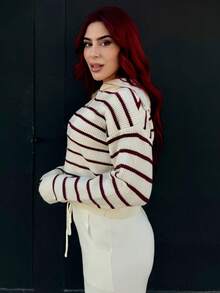 Bearsaez 休闲条纹长袖半拉链套头衫秋季 - 酒紅色 - 查看 4