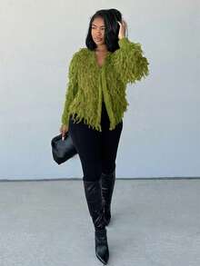 Alexandranx Solid Open Front Fuzzy Cardigan,Long Sleeve Tops Fall Winter Cloth For Women - Olive Green - View 5