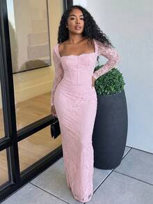 Alexandranx Váy bó sát tay dài ren chữ S gợi cảm mới cho nữ có corset và cổ vuông cho tiệc tùng, hẹn hò, buổi tối, màu đen, mùa thu/đông - Màu Hồng baby - Xem 5