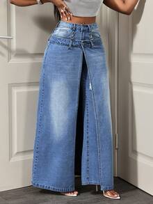 Slaydiva Váy quần denim nữ, thiết kế hai kiểu đa năng, thời trang và thoải mái. - Rửa nhẹ - Xem 5