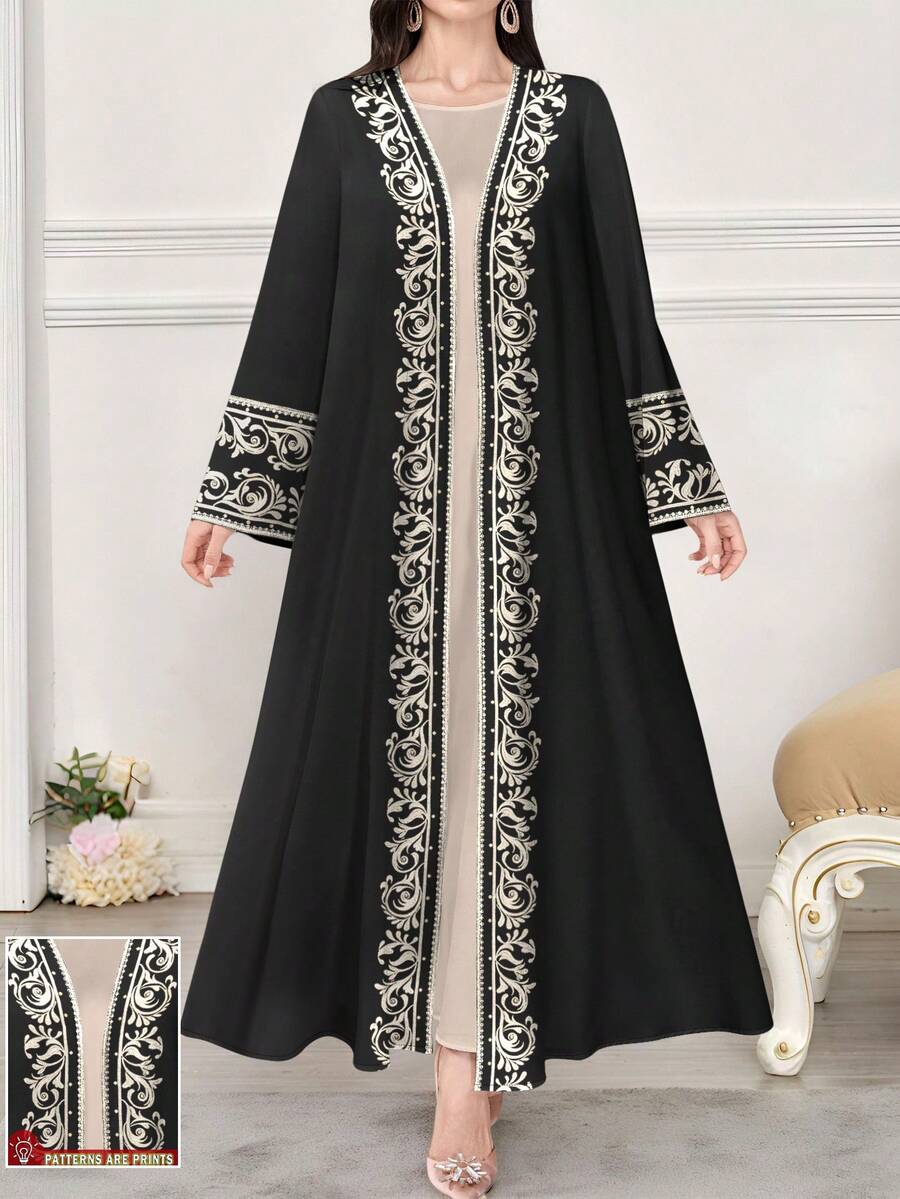 SHEIN Najma Abaya arabe à manches longues, imprimé floral et feuillage numérique, décontracté, convient pour le printemps et l'automne - Multicolore - Voir 1