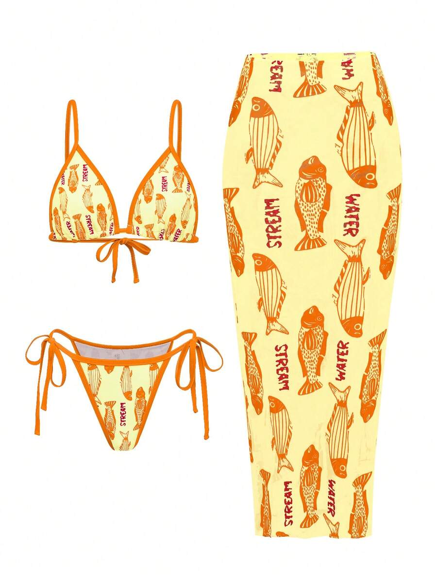 Bonvoyette 3 Stück/Set Damen bescheidener Strandoutfit, verstellbare Träger Top & Bindeseiten Hose, zufälliger Ozean Tier Muster, Badeanzug & Rock Bikini Set Damen Urlaubsoutfit Sets Pool Outfits für Frauen Damen Strandoutfits mit gelben Meereselementen Muscheln Seesterne Festival Outfits für Frauen Party Outfit, Strandoutfits Hochzeitsgast Kleid für Frauen Elegante Kleider für Frauen - Verschiedenfarbig - Übersicht 1