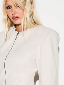 KIZN 仿羊毛垫肩西装外套，长袖，拉链前襟，短款修身商务正装办公夹克，秋冬款 - 杏色 - 查看 5