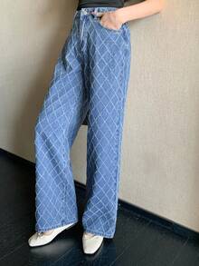 Joudiya 女式休闲日常百搭直筒纽扣牛仔裤 - 藍色 - 查看 5