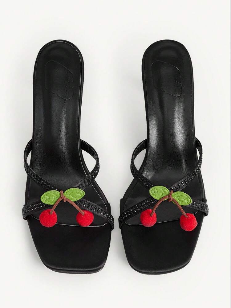CUCCOO CHICEST Black Cherry Decorative Foot Clipper High Heel Slippers Women's Head Thin Heel Rhinestone Sandals Wedding Shoes Summer Shoes Bride Shoes
