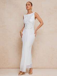 Lumalex 新款春夏船领褶皱串珠无袖修身优雅度假连衣裙 - 白色 - 查看 12