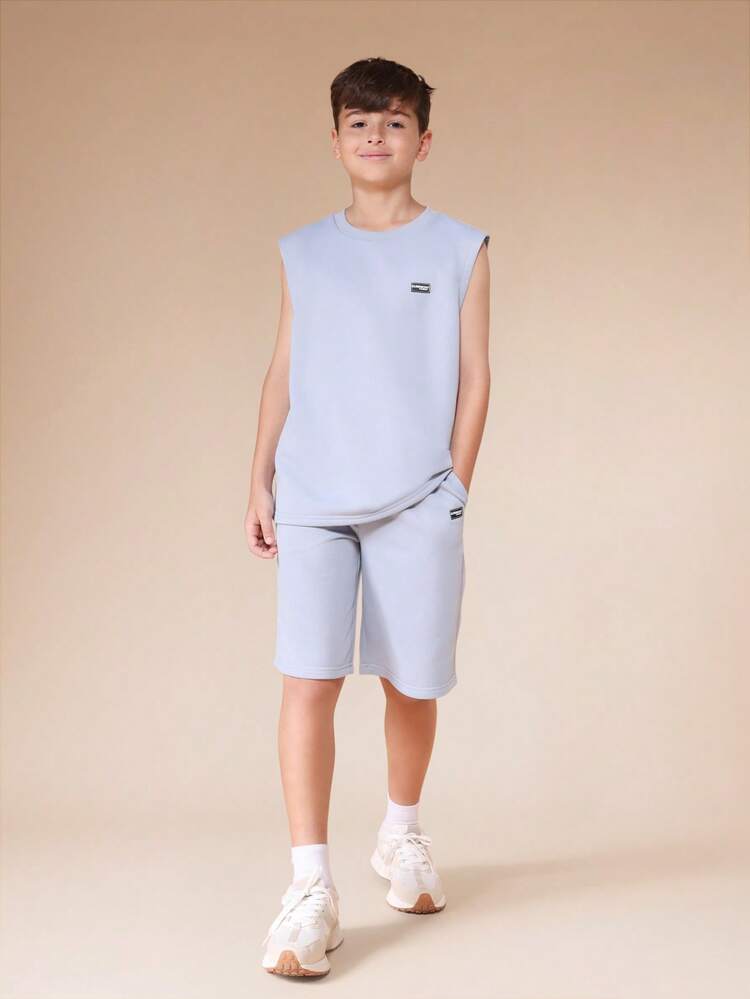 Boys Light Blue Sleeveless Tank Top And Matching Shorts Co-Ord Set Summer Casual Outfit Crew Neck