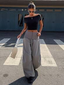 Muchica Grey Woven Fashion Street Rhinestone Letter Loose Pleated Wide Leg Pants - Light Grey - View 1