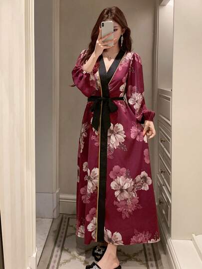 DAZY Floral Print Contrast Color Patchwork Lantern Sleeve Long Women Robe