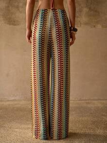 MOTF PREMIUM 色彩缤纷的针织提花宽松直筒阔腿裤，休闲波西米亚风女士沙滩罩衫裤 - 彩色 - 查看 3