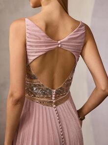 MOTF Soiréza WOMEN'S V-NECK PARTY COCKTAIL BANQUET PLEATED PATCHWORK DRESS, SPRING/SUMMER - Pink - View 1