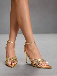 CUCCOO SZL Zapatos de mujer de tacón alto con puntera transparente de cristal, hebilla de strass y lazo, ideales para fiesta, trabajo y uso diario - Dorado - Ver 10