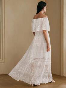 Anewsta 女士优雅蕾丝长款露肩白色连衣裙，适合春夏海滩度假 - 白色 - 查看 7