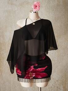 SHEIN ICON Spódnica mini z kwiatowym nadrukiem i frędzlami w dużym rozmiarze, dopasowana, idealna na wakacje, lato i plażę - Wielokolorowe - Zobacz 4