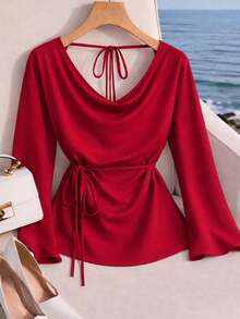 SHEIN Franclia Women's Elegant Sexy Backless Draped Neck Blouse, Vintage Aesthetic Fashion, Versatile For Work, Dates, Events, Comfortable Fabric, Flattering - Red - View 4