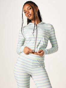 Missguided x Playboy 女士粉彩条纹全拉链连帽衫，带Logo，休闲卫衣外套，长袖抽绳 - 彩色 - 查看 1