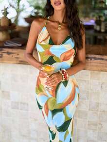 Opulessa Summer Spring  Weddings & Events Going Out Beach Vacation Festival Party Graduation Prom Elegant Chiffon Printed Backless Dress For Women - Green - View 2