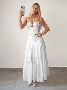 Sweetina 度假风超大荷叶边镂空刺绣女裙 - 白色 - 查看 5