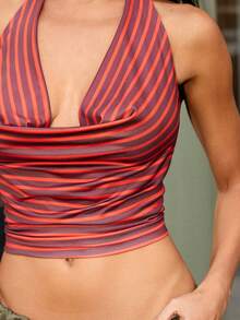 Denimoi Women's Fashionable Sexy Striped Plunging Neck Backless Halter Top - Multicolor - View 5