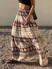 DAZY 全身印花弹力腰半身裙，休闲度假夏季女装半身裙 - 棕色 - 查看 5