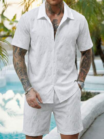 VENTUSAIL Conjunto de camisa de manga corta de unicolor y textura de tela con pantalón corto de cintura con cordón para hombre, ideal para el verano, vacaciones y uso diario